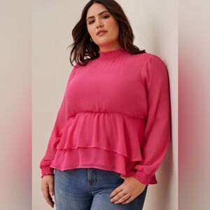 Torrid Hot Pink Crinkle Chiffon Mock Neck Ruffle Tiered Blouse